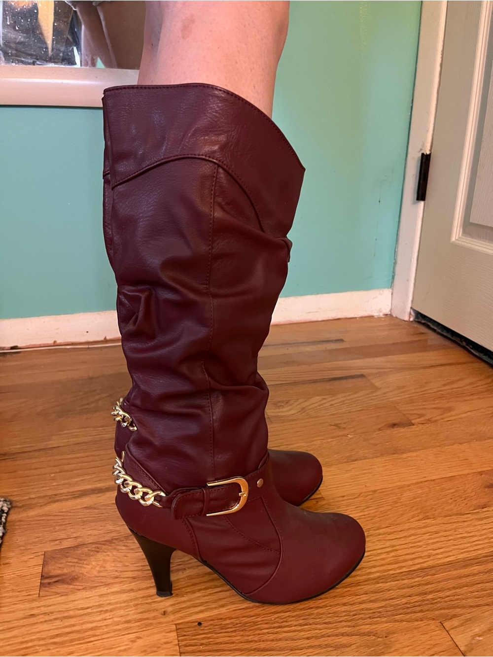 Burgundy Over-the-Knee Slouch Boots with Gold Buckle